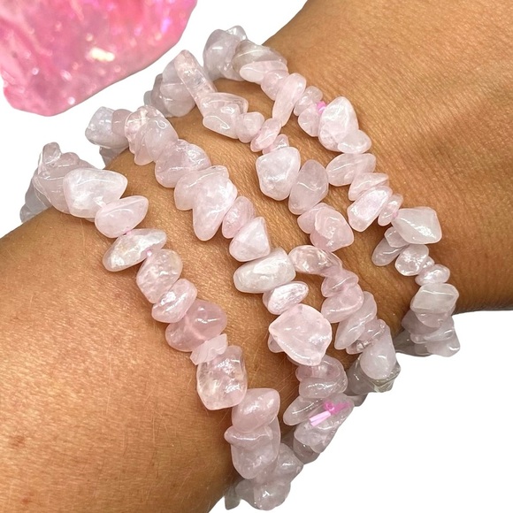 Rose Quartz Gemstone Chips Beaded Stretch Bracelet Natural Chip Stone Crystal - Picture 1 of 5